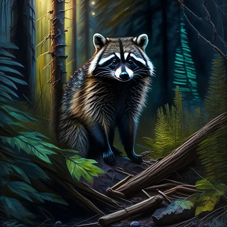 Oil painting of a raccoon in the forest full body vectorized hyperdetailed 4k