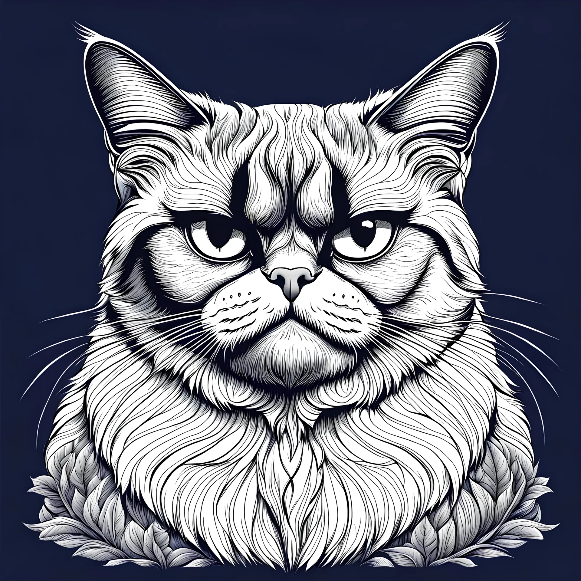 monochromatic vector design drawing for an adult coloring page, a comic Grumpy Cat , no shadows, clean thick outlines, pencil sketch, no black shades, less details