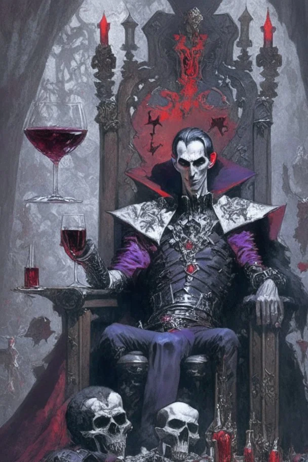 Strahd von Zarovich drinking wine upon a throne of skulls