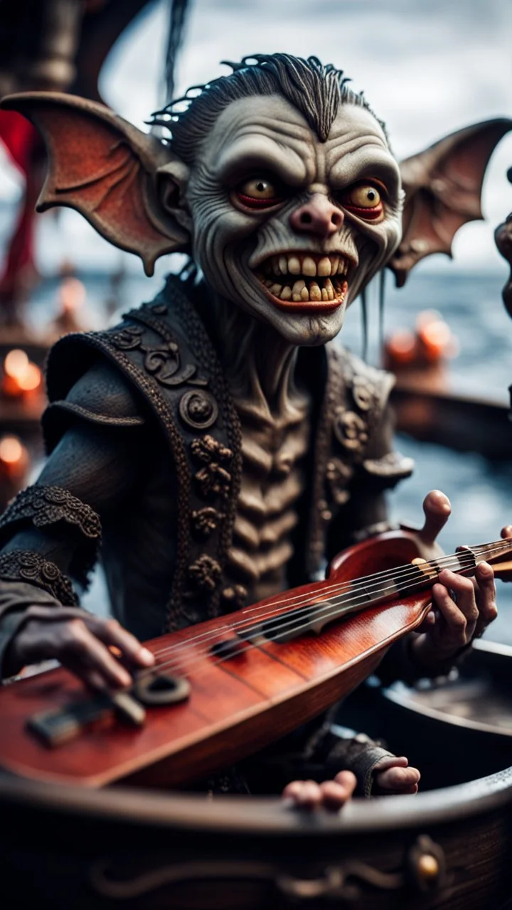 portrait of a vampire werewolf goblin gremlin with mustage eating a violin blood of fish on a viking ship, in the style of Giger,bokeh like f/0.8, tilt-shift lens 8k, high detail, smooth render, down-light, unreal engine, prize winning