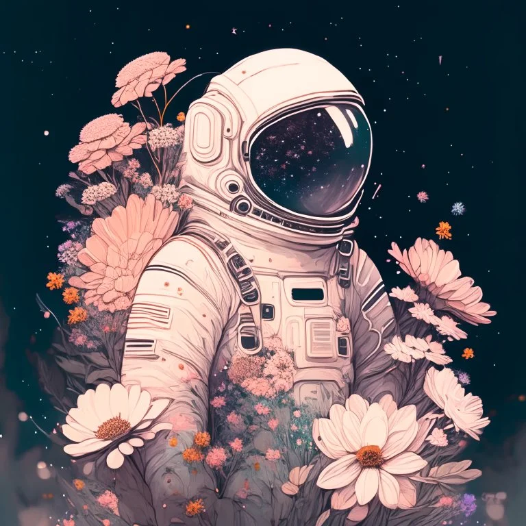 "floral astronaut" hand-drawn digital art, muted tones, flowers everywhere, REALISTIC, anime, 4k, colorful, galaxy, space