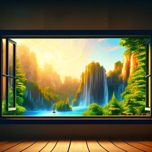 desk, parquet, sheet of paper, little pen, in front of a huge picture window with large view on a waterfall with warm light, sunset ,pixar style, panorama, nature, globe, HD, Hallelujah mountains