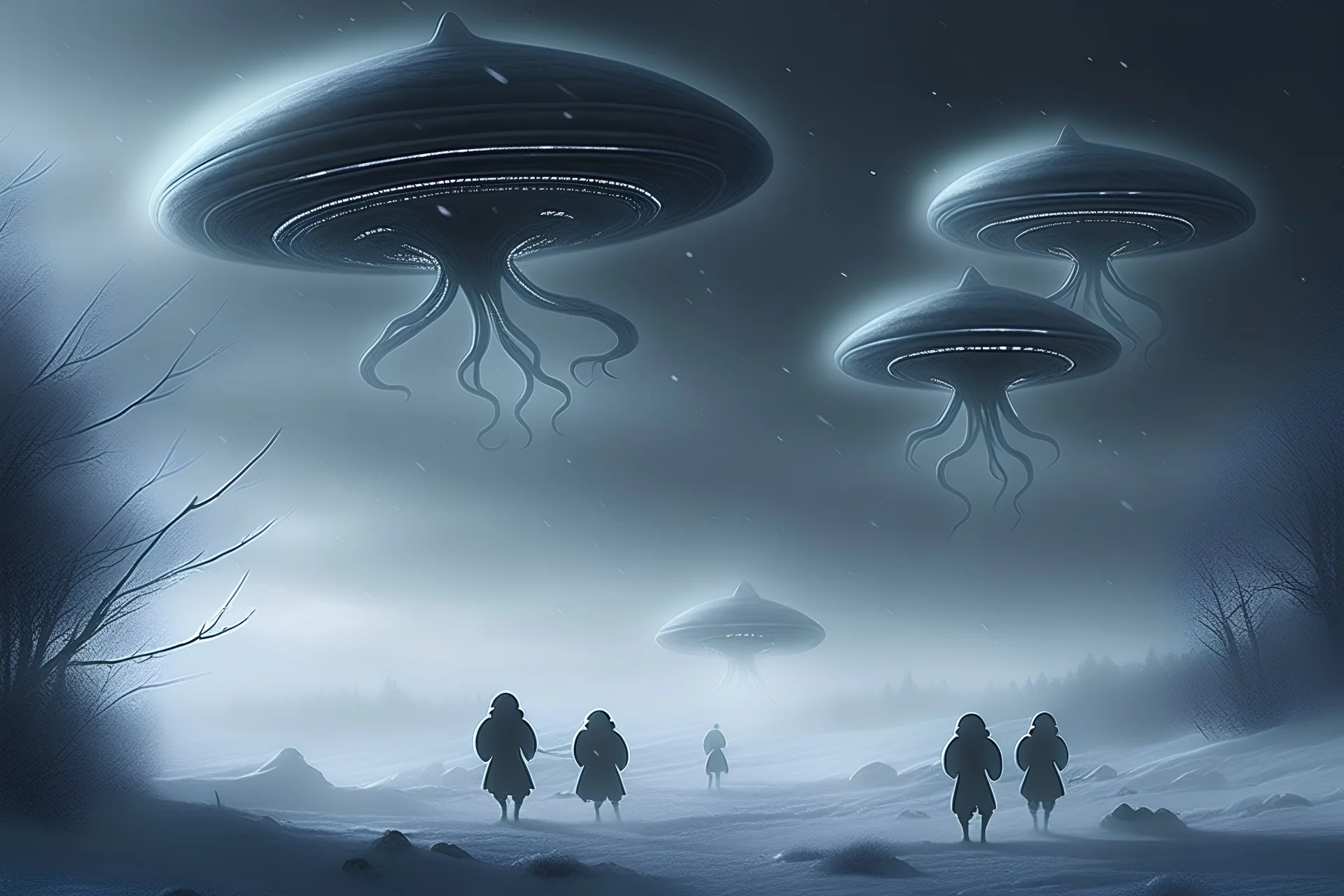 Image of aliens freeing in into their UFOs on a dark snowy day
