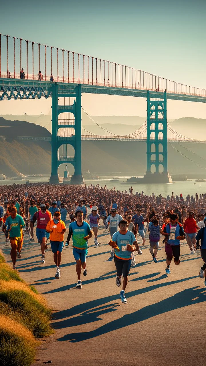 A lot of people running on San Francisco golden bridge , escaping an ufo alien attack above
