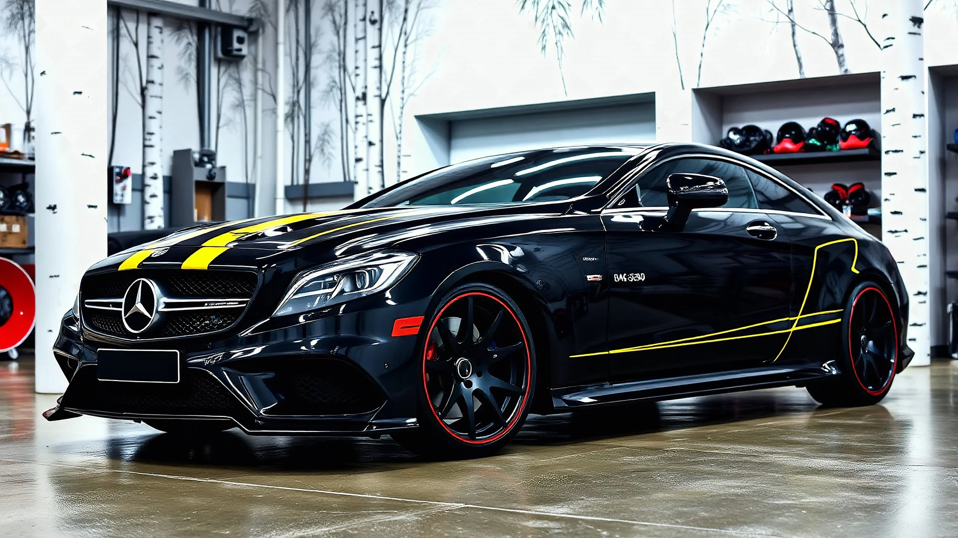 A black tuned Mercedes-Benz CLS 550 Shark with yellow stripes and red, black and blue rims parked in a luxury garage with a birch theme.