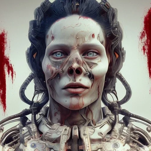 a 18 year old viking, blood in a bright red color flows down the face, hr giger, steam punk, realistic, made in octane, cinematic, ultra-realistic, extremely detailed octane rendering, 8K, VRAY Super Real ar 2:3, dof photorealistic futuristic 50mm lens hard lighting dark gray tintype photograph, realistic lighting, sepia color