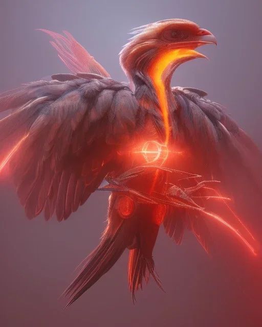 A beautiful portrait of a cyborg phenix bird ,fire red colour wings, high key lighting, volumetric light ,high details ,psychedelic background