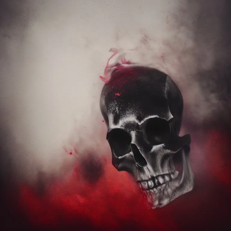 abstract photographic camera mixed with skull in dirty style. fog and smoke in atmosphere. bokeh, lens flare. Dark mood. Dripping paint. oil on canvas, mixed media, high detailed.