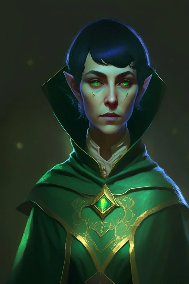 Female moon elf twilight cleric in a dark green robe with blueish short hair and golden eyes