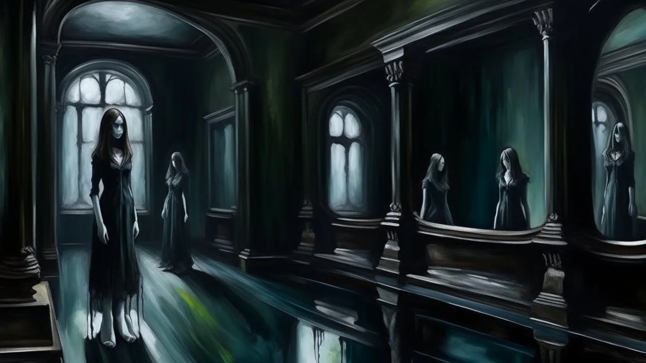 A haunting oil painting with eerie brush strokes and dark colors, Mirrors reflect ghostly figures in the mansion of the damned, adding a chilling atmosphere to the scene