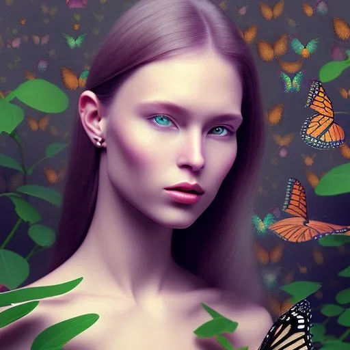 Generates high quality portraits of women covered in various plants, surrounded by forest and butterflies.