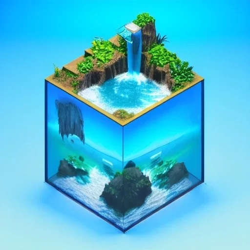 The Isometric Glass Tall Box Mini Model Little Real Island Mixed Water Fall Under Ocean Sunshine Summer Background Blue Sea, The Last Of Us / Avatar, Octane Render / ZBrush, Cinematic, IMAX Film, Nikon D750, 16K, Autostereoscopy, Anthropomorphic, Golden Ratio, Geometry, Symmetric, Depth Of Field, Highly Detailed, Ultra Realistic, Beautiful Lighting, Halfrear Lighting, Soft Light, Candoluminescence, Cast Shadow, Reflective, Glow, Translucent, Normal Map, Carbonated --testp