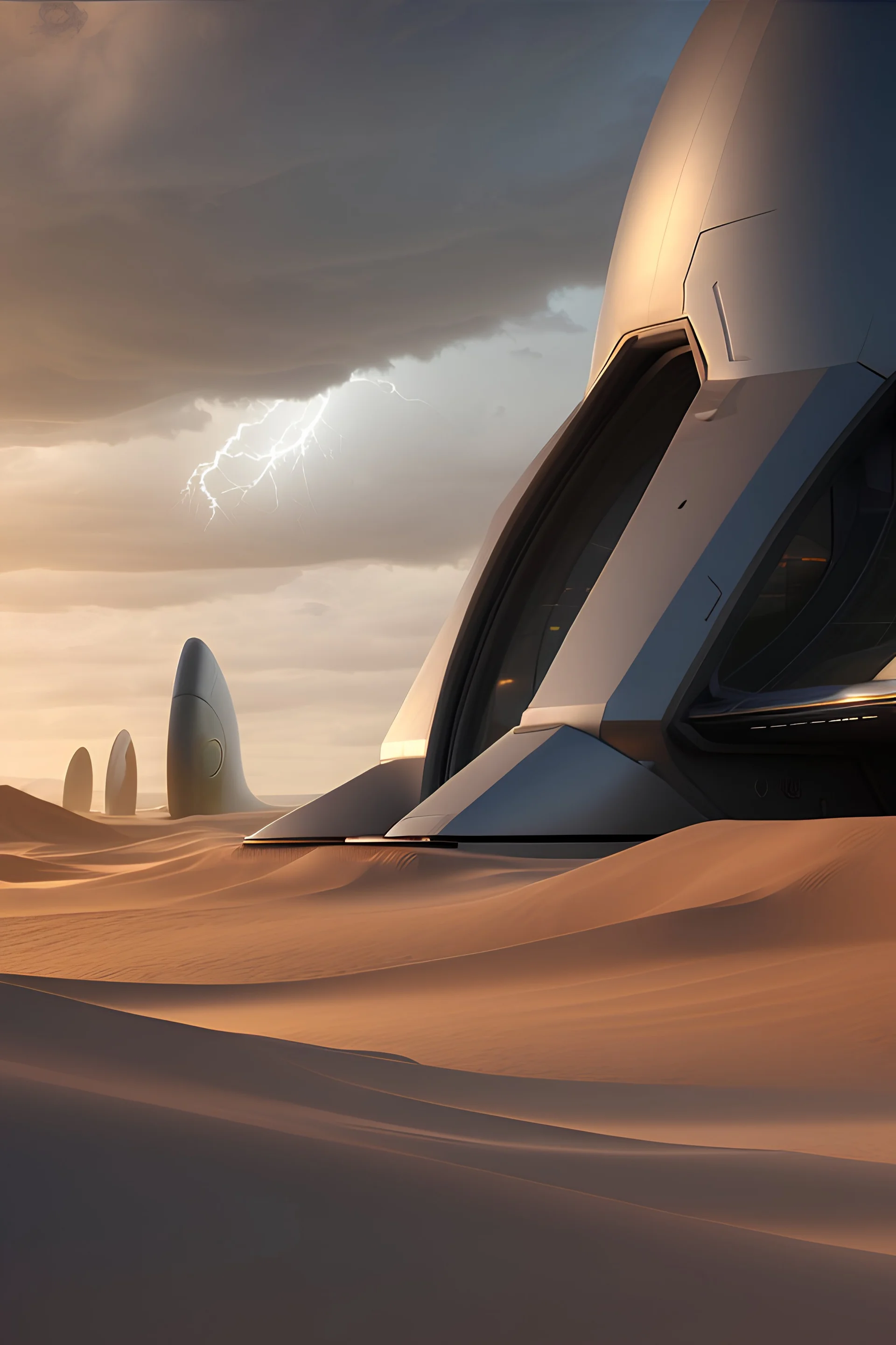 exterior view from a futuristic group of buildings, stones, grass, metallic, storm clouds, tornado, sea, futuristic, dramatic cinematic shot , 4k, sand dunes, octane render, spaceships flying,