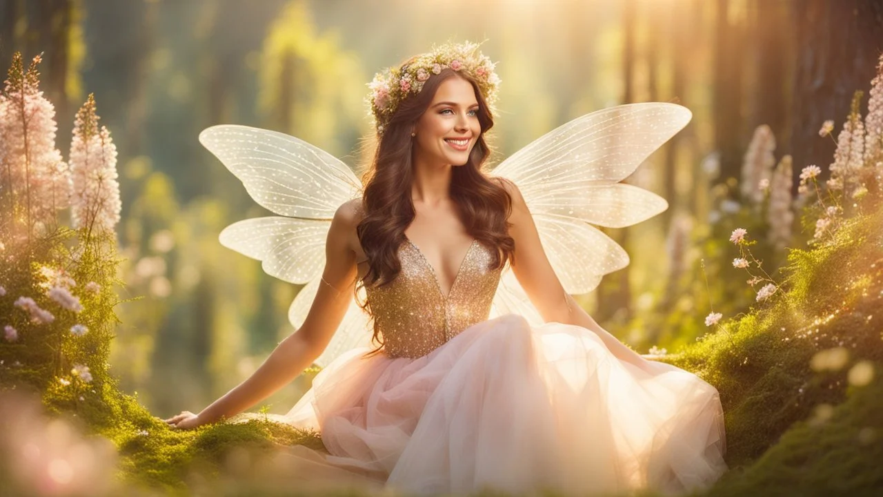 A gorgeous smiling brunette model in a fairy outfit with great glittering wings in a hills of flowers with 1000 y/o trees, a small torrent, loads of mini flowers, moss, sun rays through the branches, particles in the air at spring