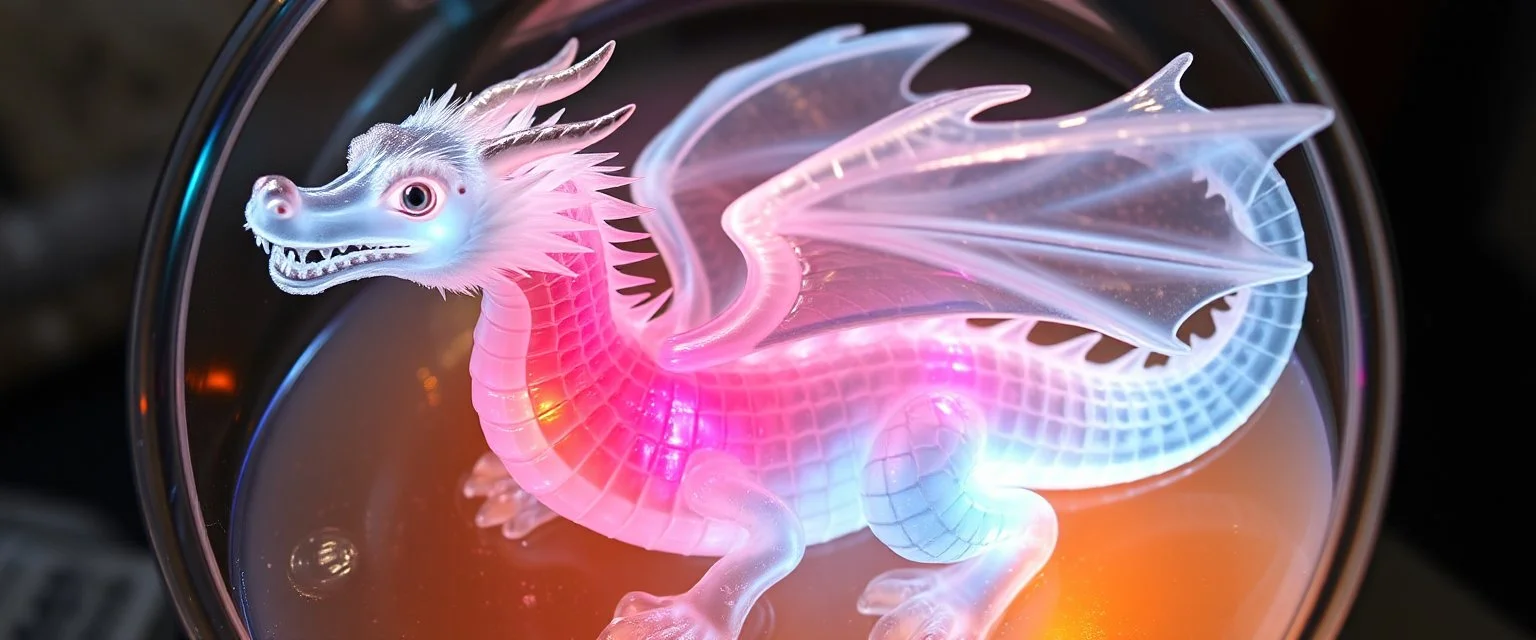 The image depicts a fantastical duck snow soup, specifically a transparent dragon with neon flash aura, with a unique and whimsical appearance. The dragon is positioned in a circular frame, which suggests it might be inside a container or a vessel. The dragon's body is elongated and has a segmented appearance, with a detailed texture that gives it a realistic look. Its head is covered with white, spiky hair, adding to its fantastical charm. The dragon's wings are large and spread out