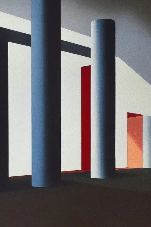 Colorful minimalist industrial interior bauhaus floors with monolithic pillars in the style of ridley scott and stanley kubrick, impossible stijl architecture, lone silhouette in the distance, ultra wide angle view, cinematic, god rays, volumetric lighting, realistic detailed painting by edward hopper