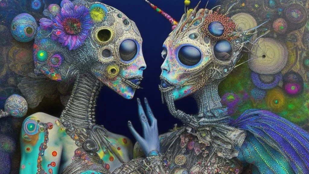 Surreal artwork entitled "Homo Consumerist licks the Bufo alvarius"; A partially skeletonized Celebrity couple on a psychedelic trip wearing clothes made out of bits and pieces of colorful garbage collected on a 5-meo-dmt trip; mixed media including thread, leather, plaid, jewels, feathers, foliage, and flowers; Neo-surrealism, psychedelic, iridescent