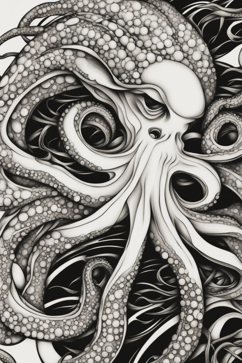 Create a captivating modern 2d ink tattoo design for print , prestigious (Sacred Octopus) using the elegant influences of japan art style, for print, dynamic elements from fashion and design, and bold Japanese contemporary art aesthetics, framing centered in the center, distanced from the edges of the paper perimeter, perfect anatomy, bauhaus, Divine Proportion,