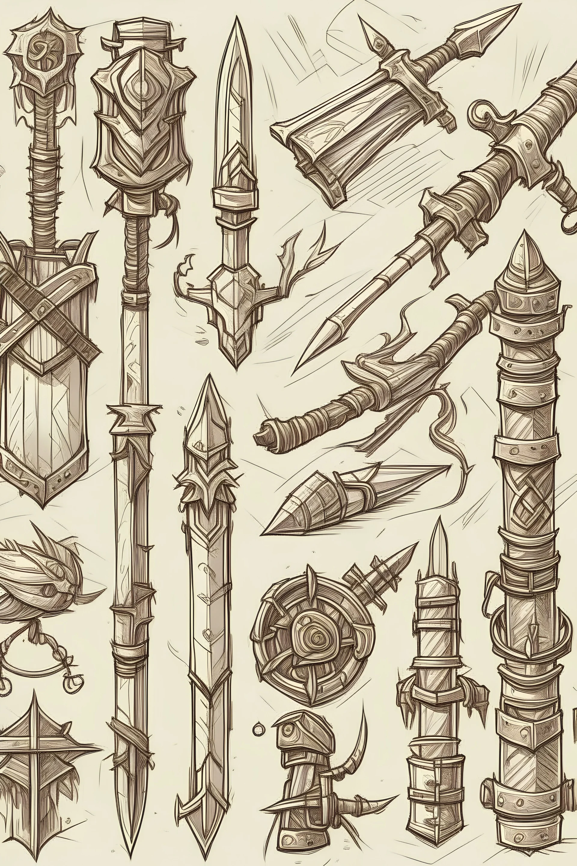 A Set of weapons for a d&d adventure. Sketch drawing, osr style