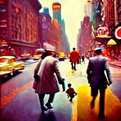 Picture 1950's street life, people, New York, very blurry, abstractism, colours, strong texture, 3d, chaotic