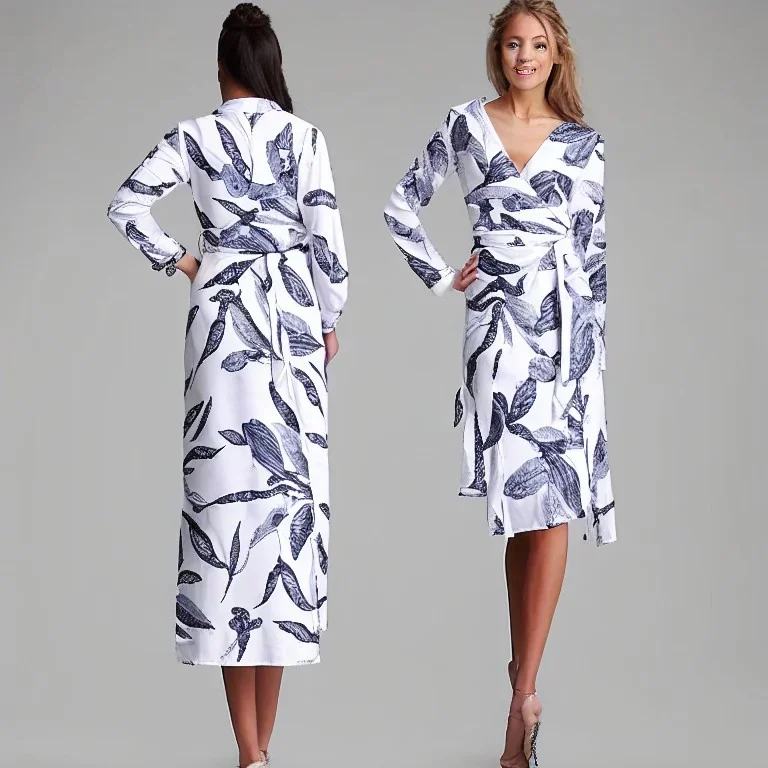 Fashion design sketch, wrap dress, white with vernon leaf print, long sleeves