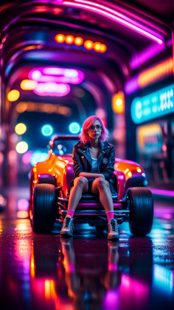 dragster woman sitting on a hipster car parked in dark neon lit reflective wet arcade hall tunnel,bokeh like f/0.8, tilt-shift lens 8k, high detail, smooth render, down-light, unreal engine, prize winning