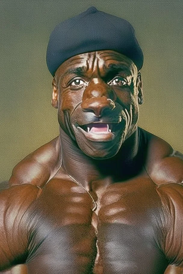 Bodybuilder Lee Haney with the face of a Rottweiler dog