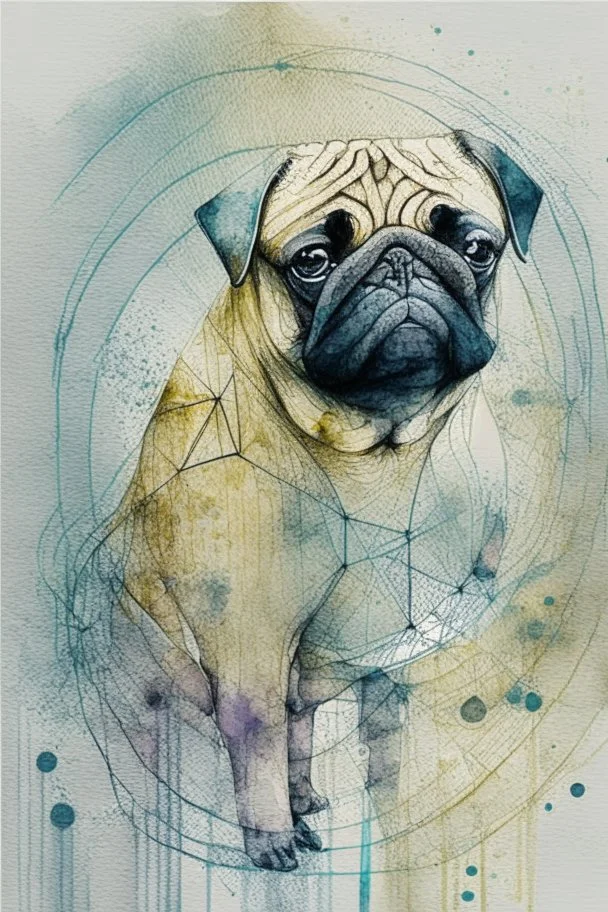 Abstract wet watercolour of a pug, ink lines, interlinked circles,