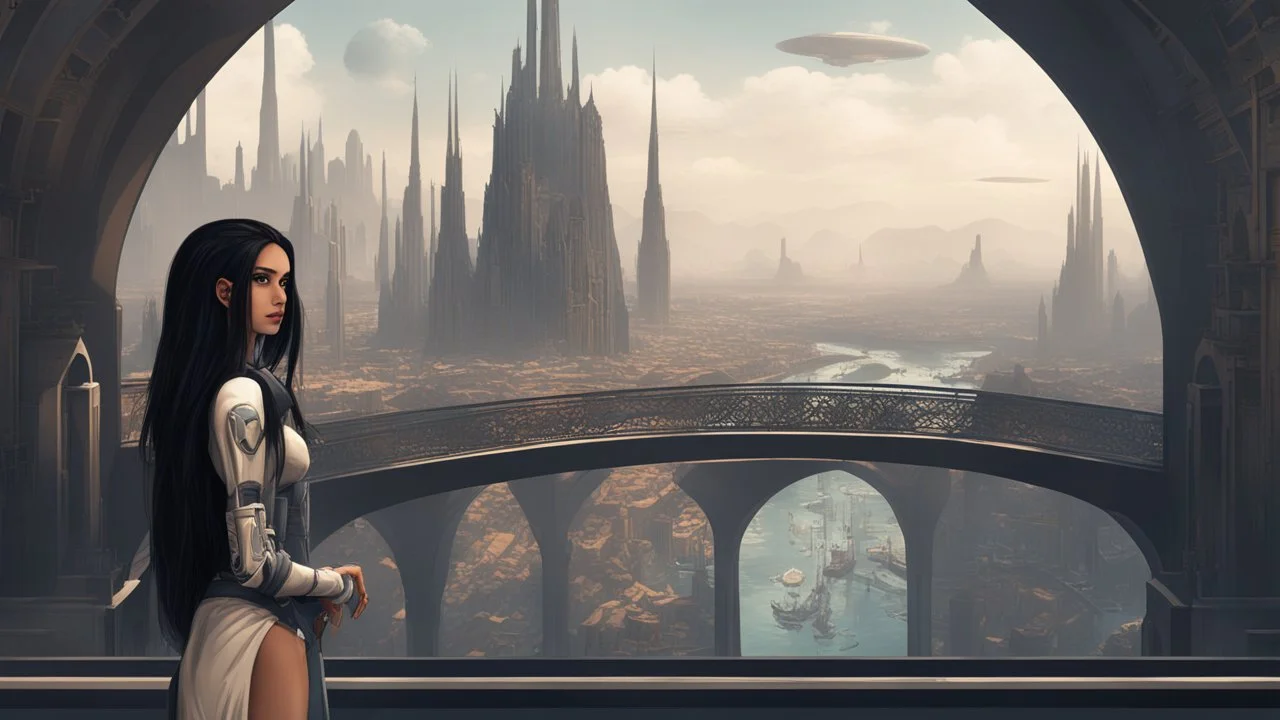 Exotic sci-fi skinny girl, with long dark hair, in an alien city, tall spires, buildings, bridges, and arches