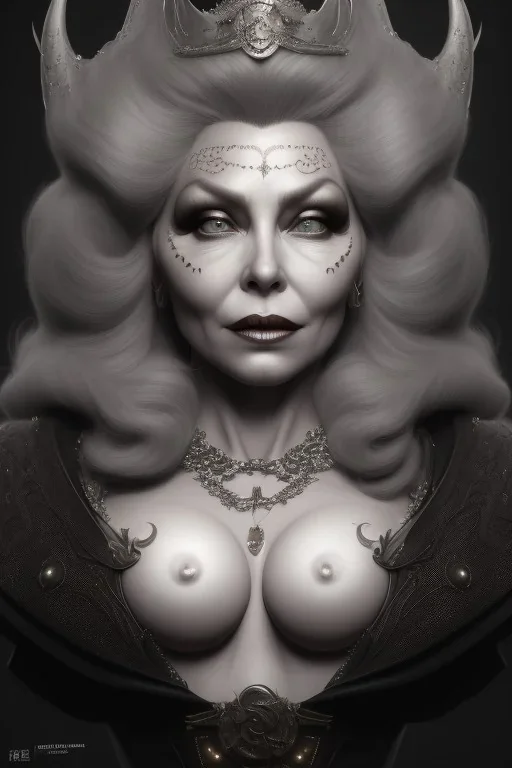 Mae West as evil queen in black leather, leather, busty, cleavage, angry, stern look. character design by cory loftis, fenghua zhong, ryohei hase, ismail inceoglu and ruan jia. unreal engine 5, artistic lighting, highly detailed, photorealistic, fantasy