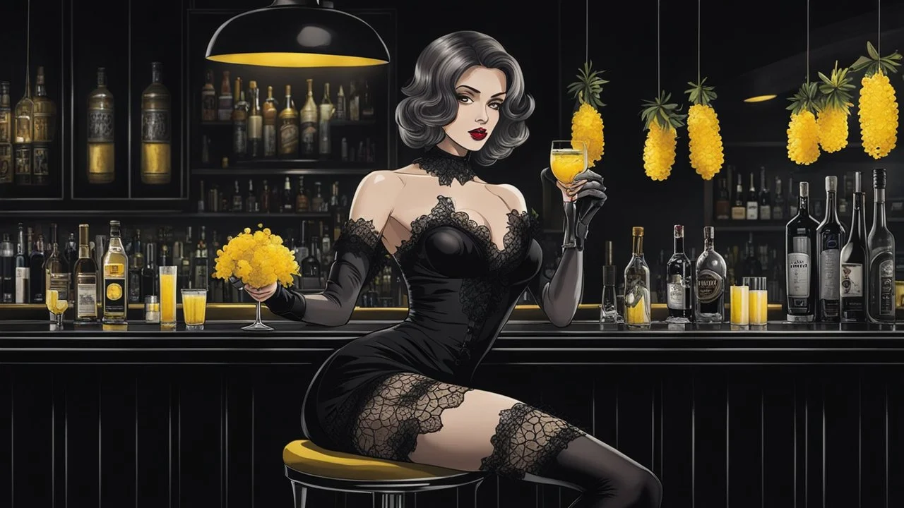 gray-toned, contrasting graphics, a lady in a black casual dress, black lace nice nylon stockings sitting on a bar chair in bar, holding a yellow mimosa cocktail in her long black gloved hand, atmospheric, strong contrasts, shadowy background, focus on the hand holding the cocktail, moody, pale ligts, anime style, cinematic