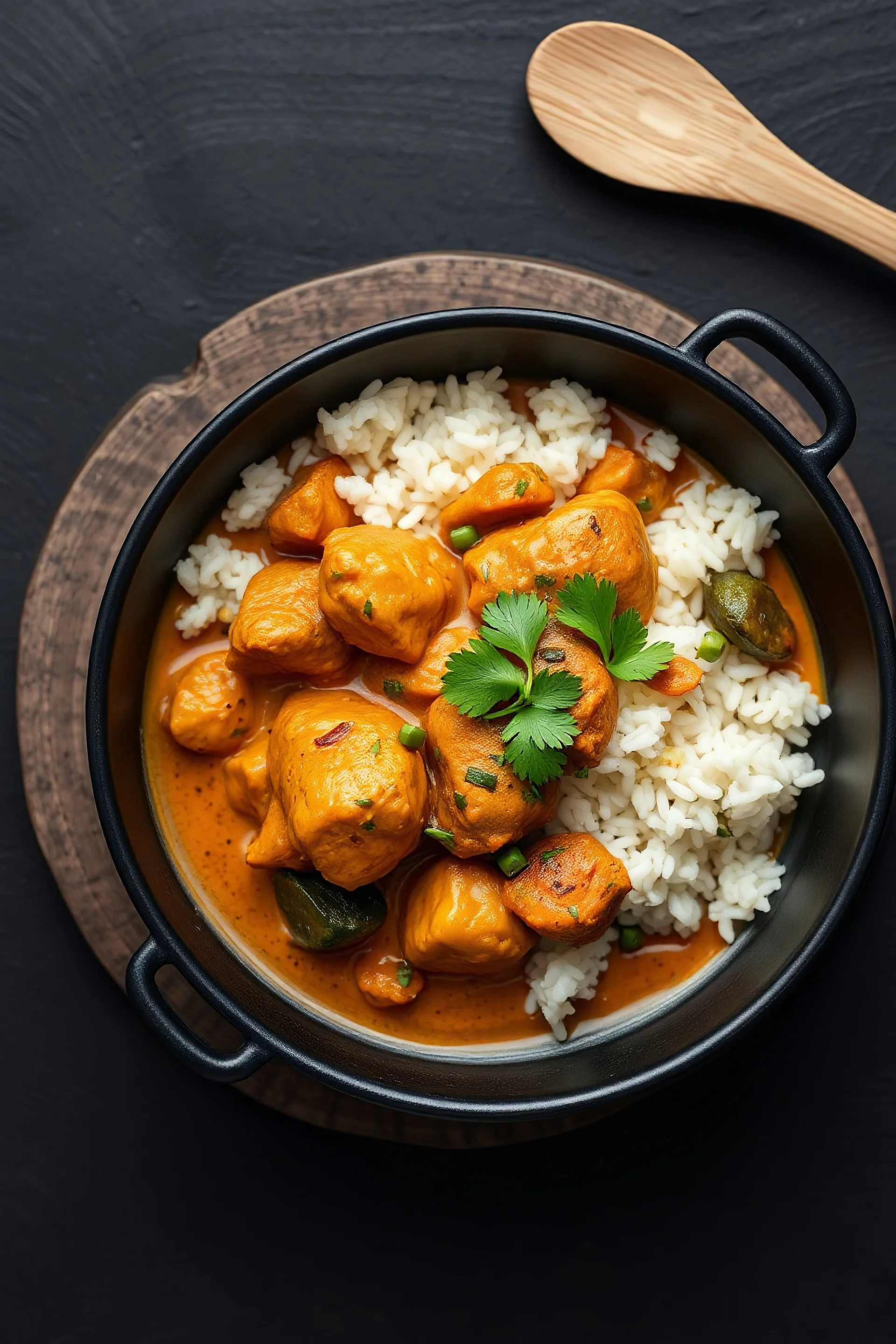 A snapchat realistic like image of cooked chicken curry with rice and vegetables served in a bowl. The bowl itself is matte black, giving a high-quality, elegant but minimalistic impression and has no handles. It sits on a black surface that has a texture similar to a slate slab without being visually overwhelming. The entire image has a very aesthetic appeal. The food should look delicious and photorealistic, with all ingredients clearly visible. A top down perspective.