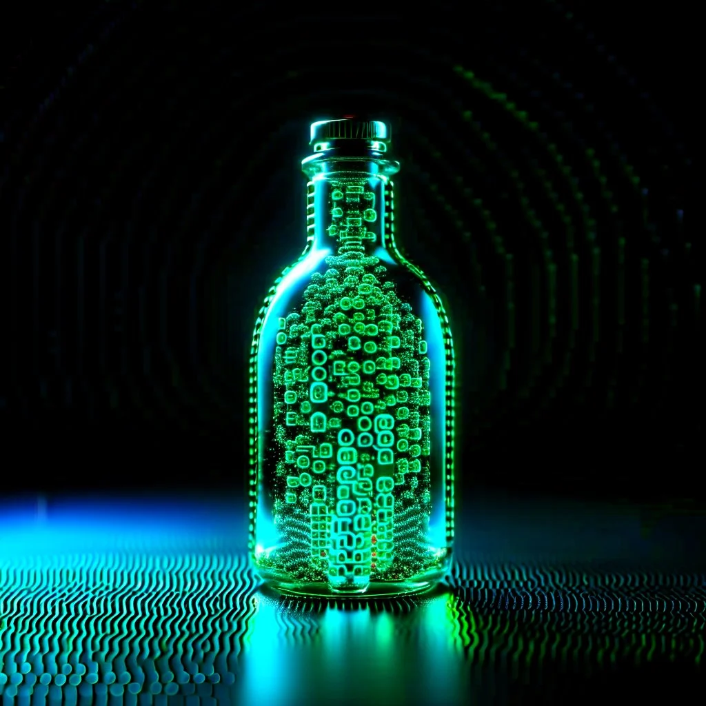 A digital message in a glass bottle. The message is the creation of artificial intelligence.