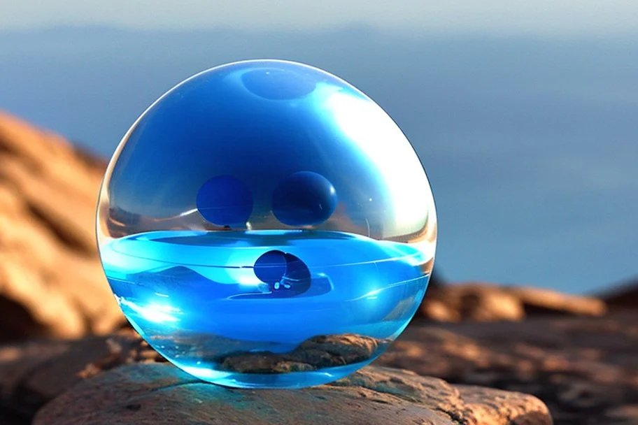 Blue transparent sphere seeing by a person, in the rocky alien landscape, infinite.