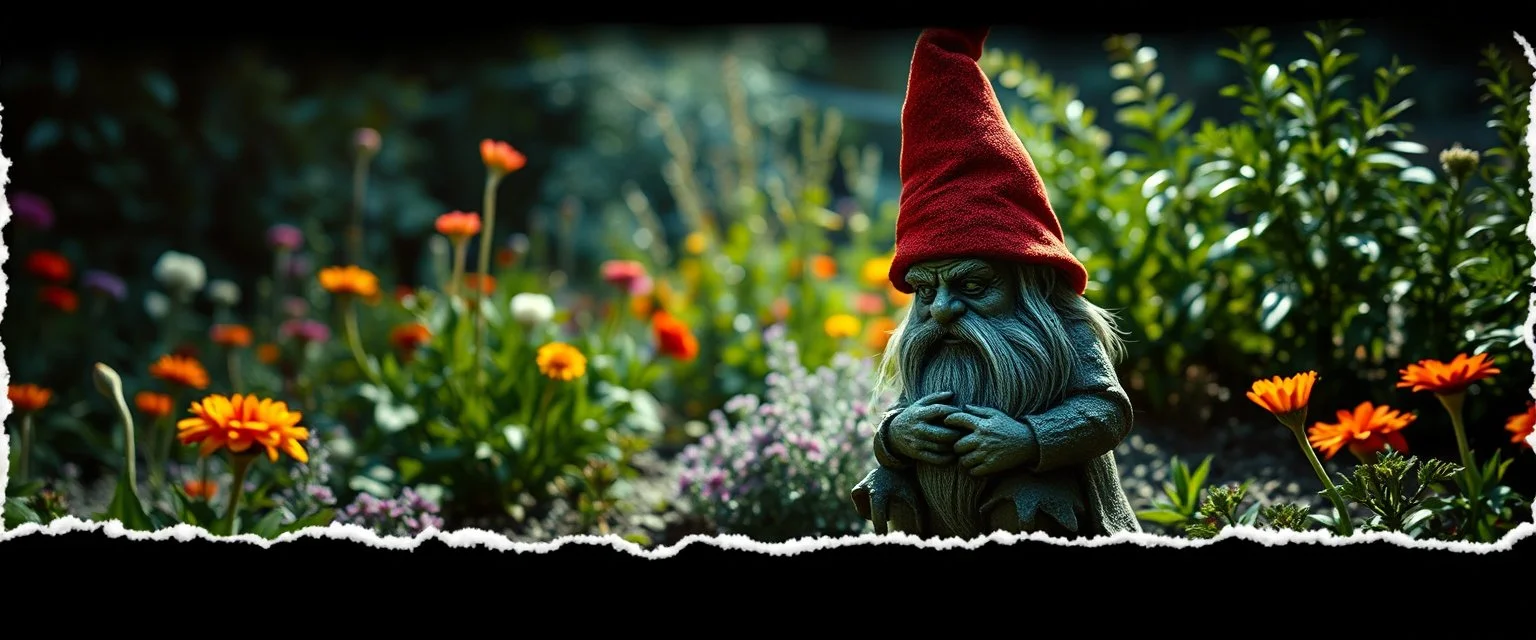 dark gnome in bright garden , pinhole cam, airbrush 3d rendering, in the style of John Atkinson Grimshaw , torn edges on border