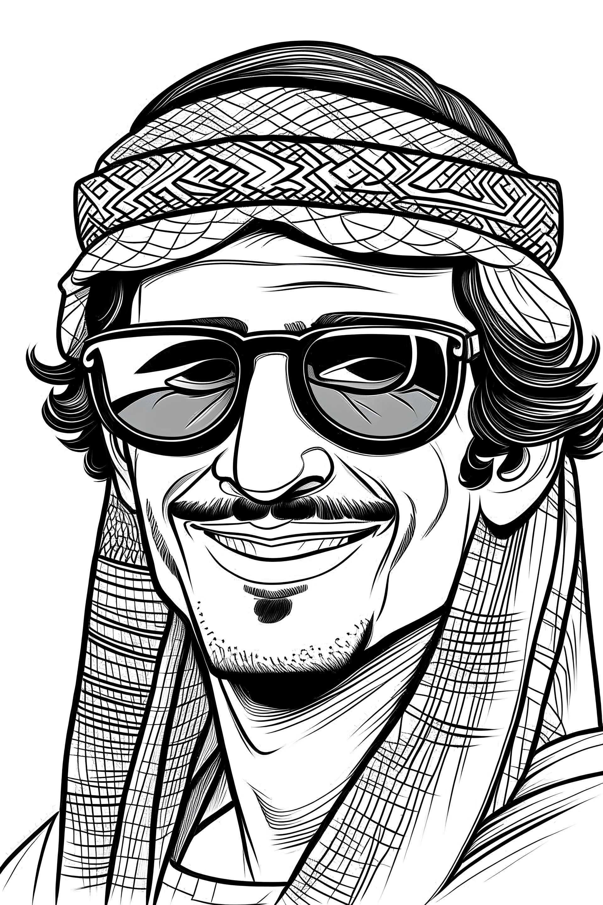 funny Young man with sunglasses saudi characters drawing black & white with sandwish