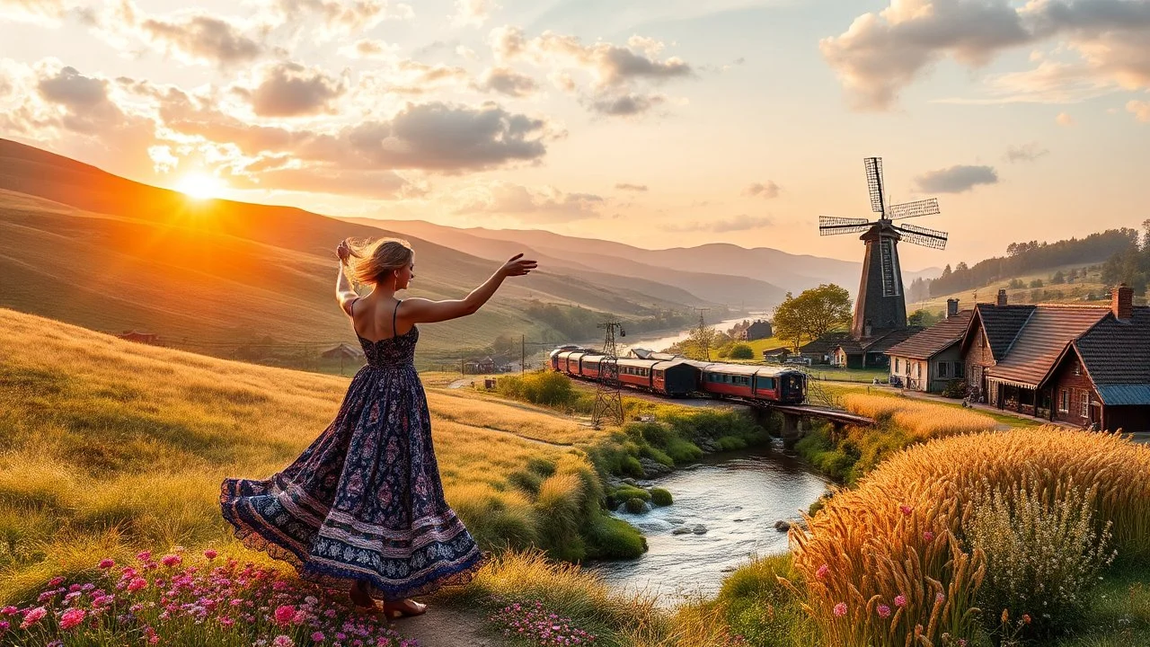 a lady dancing to camera in village over high grassy hills,a small fall and river and wild flowers at river sides, trees houses ,next to Ripe wheat ready for harvest farm,windmill ,a pretty train is arriving to station along river,a few village local shops ,cloudy sun set sky