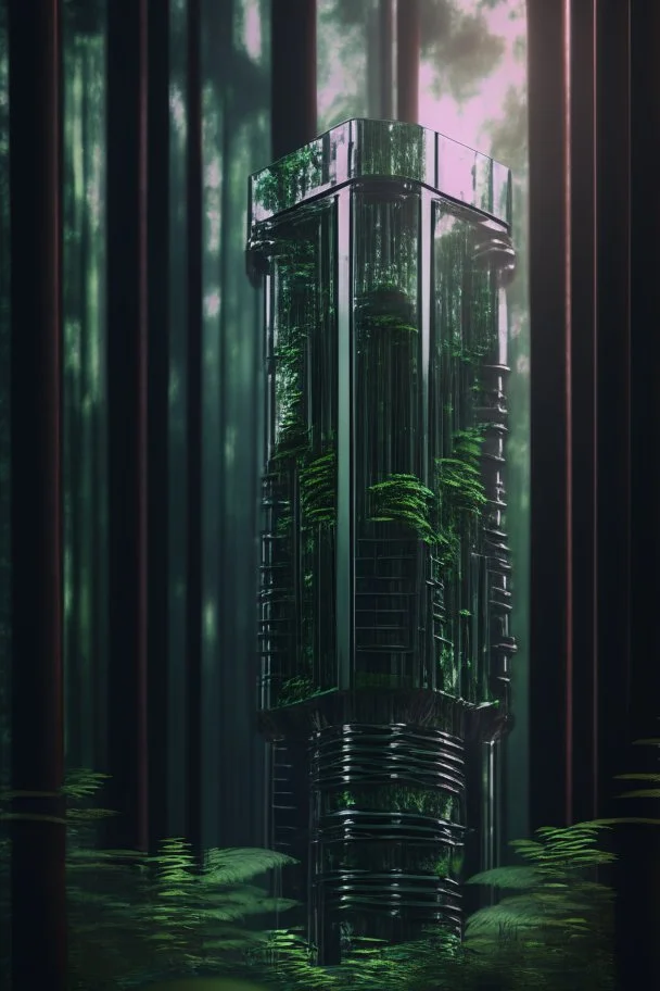 chrome tower in forest, 4 k, trending art, depth of field, high detail, high contrast