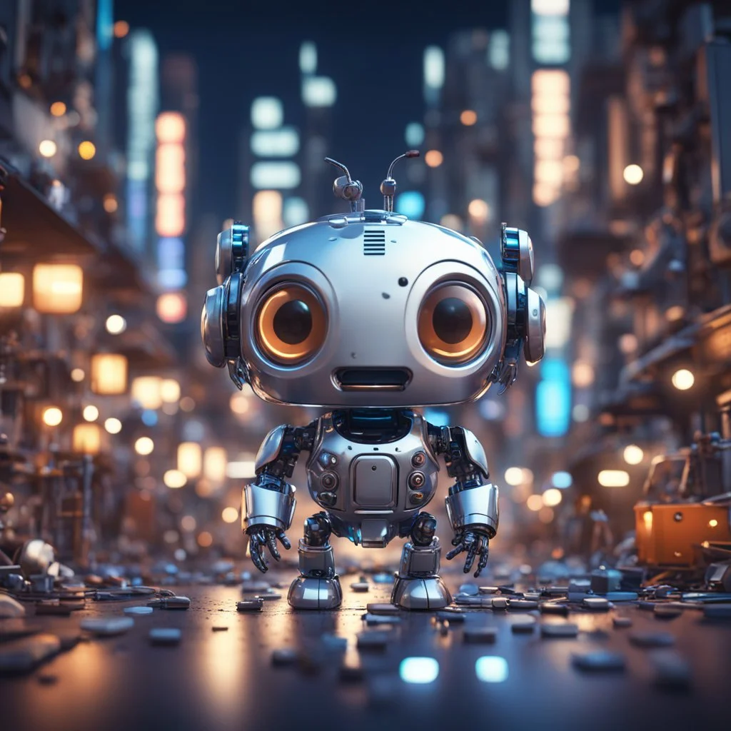 unreal engine render of a cute tiny robô in a busy, micro parts chromed, crowded city at night, cute eyes, volumetric lighting