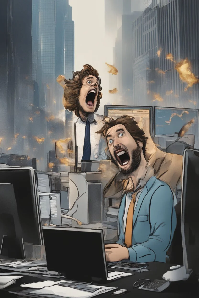 A 3d animated guy screaming with joy Infront of his PC as the stock market climbes, 8k, highly detailed