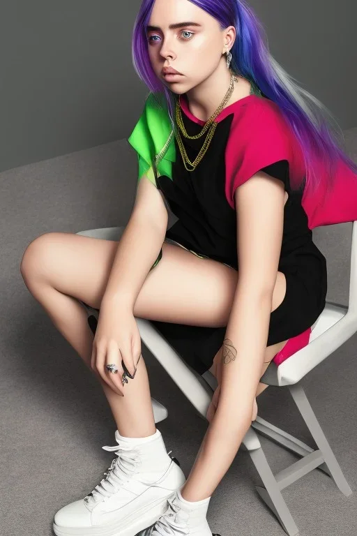 Billie Eilish, sitting on a chair, Black Short Dress, high detail, realistic