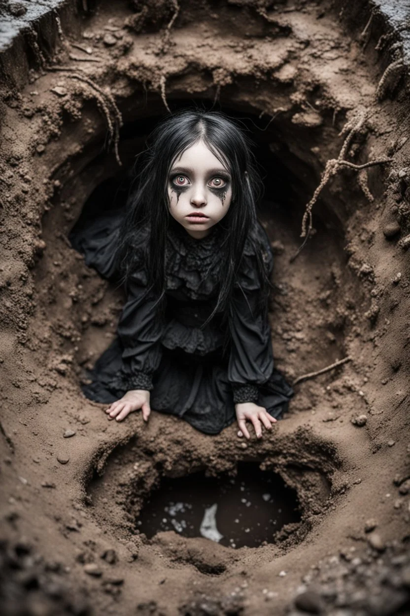 Closeup petit Girl goth with big eyes, fullbody, ragged clothes, extended like roots, the perspective looking up from the bottom of an empty well ,under mud and rats, 8k,macro photography,