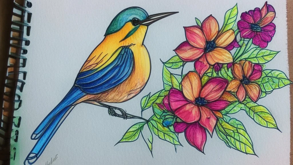 A drawing of a bird and a flower made with alcohol markers.