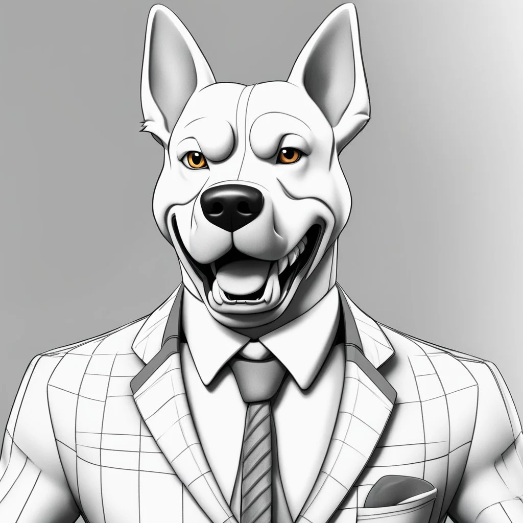 Illustrative sketch of a Pixar 3D image of an angry humanoid dog, suit and tie, ultra quality, 8k