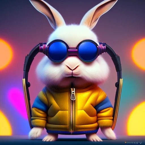 pixar style anamorphic cute rabbit baby, smiling, cyberpunk headphone, sunglass, gangsta gold neckless, full body, magenta puffer jacket, manila city backdrop, dramatic lighting, hyper realistic, unreal engine 5, 16k