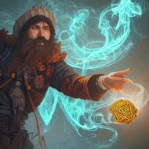 Insanely detailed photograph of an “D&D mariachi holding glowing D20” with intricate detailed beard, intricate clothing, hyperdetailed painting by Ismail Inceoglu Huang Guangjian and Dan Witz CGSociety ZBrush Central fantasy art album cover art,8K, hdr, mysterious, flickeringlights ,Stoic