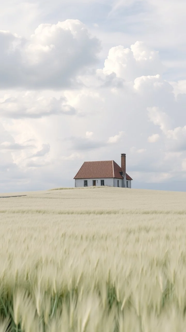 White fathers covering a house in a white field of white barley with a white clouds in the background,