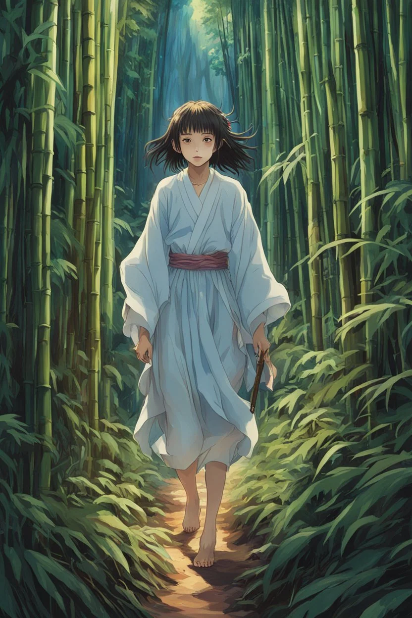 full color front facing full body portrait of a spirit possessed girl with highly detailed hair and slim, narrow facial features, trekking through haunted mountain bamboo forest, pierced by shafts of early evening light , danger lurks everywhere but she is undeterred and resolute in her purpose, art in the style of spirited away, studio ghibli, 8k , finely detailed and precise line work, soft gauzy pastel colors