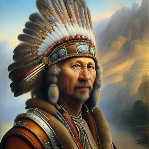 stunning 3D render of a painting in the style of Rembrandt featuring Winnetou, the chief of the Aachen tribe. Winnetou is depicted as a noble and wise leader, adorned with intricate feathers and a colorful headdress. The background portrays a vast, rugged landscape with a rocky mountain range and a serene lake, casting a warm golden glow. The overall atmosphere is a mix of both realism and dreamlike fantasy, reflecting Rembrandt's masterful use of light and shadow., illustration, 3d render, pain