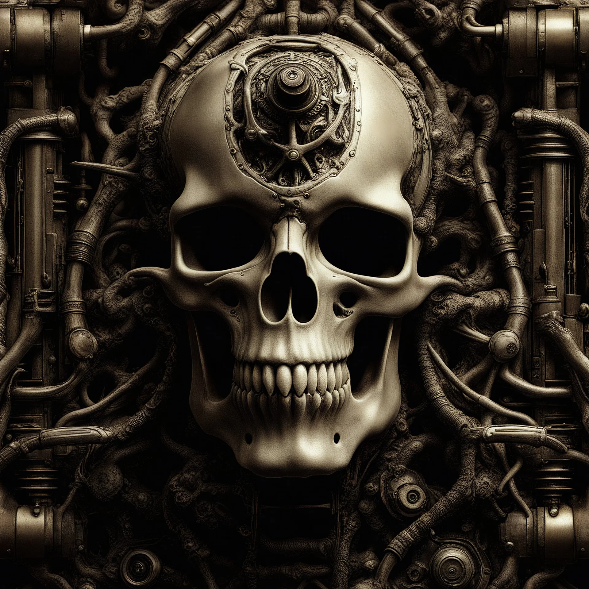 A MECHANICAL NON HUMAN SKULL AND PHALLIC SYMBOL DARK SLIMEY AND GIVING BIRTH SHARKS TEETH with a touch of H.R. Giger's biomechanical aesthetic. Hyperdetailed and rendered in 8k resolution, a true masterpiece. hyperdetailed intricately detailed Splash art action painting film noir photorealism psychedelic art telephoto lens sepia aetherpunk horror post-apocalyptic